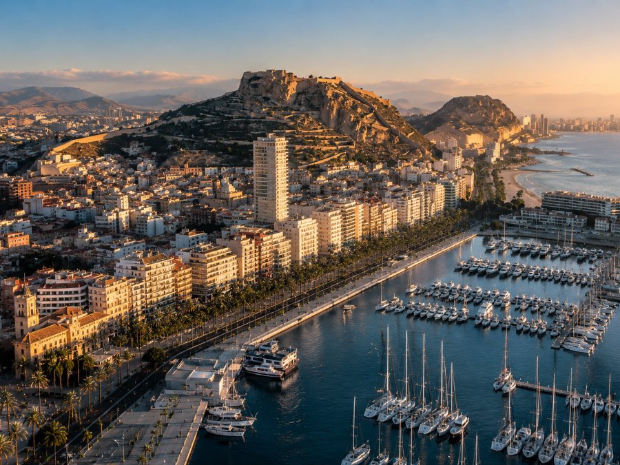 Aerial view of Alicante at golden hour — the marina and palm-lined esplanade below Santa Bárbara Castle on Mount Benacantil.