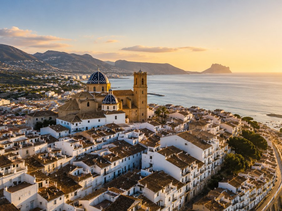 Altea’s whitewashed old town rising to the blue-tiled dome of its church, above the bay at golden hour with the Peñón de Ifach in the distance.