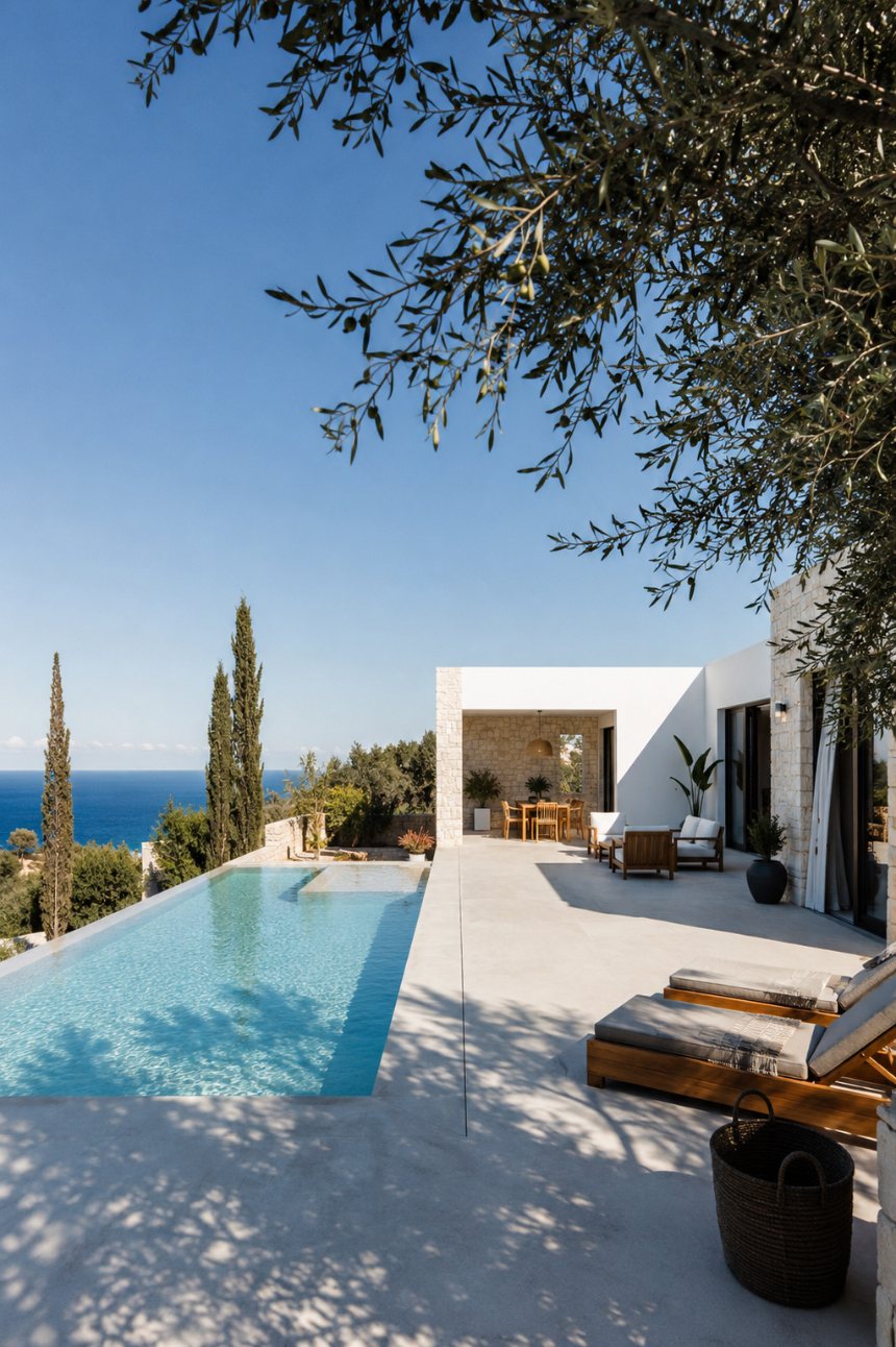 Mediterranean villa terrace with infinity pool overlooking the sea.