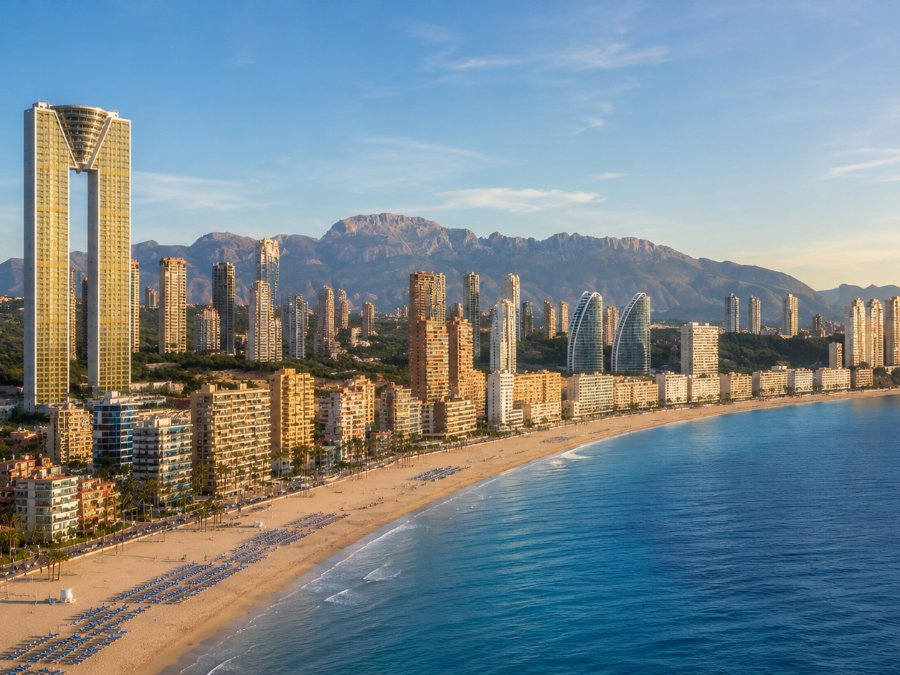 Benidorm’s high-rise skyline curving along Poniente beach at golden hour, the Intempo tower rising above the bay with the sierra behind.