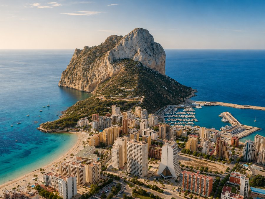 The Peñón de Ifach rising over Calpe, its marina and turquoise bay framed by the town below.