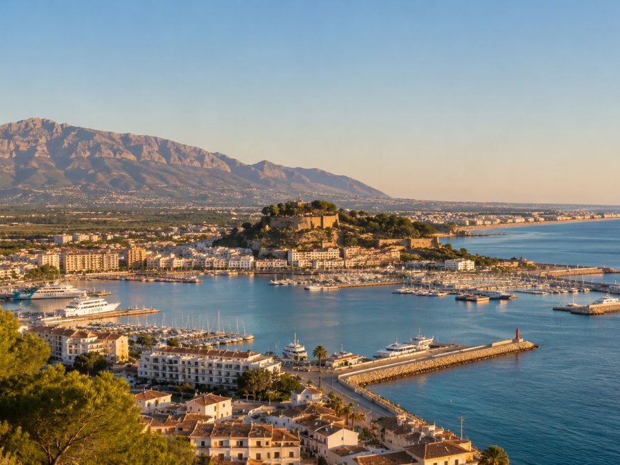 Dénia’s castle-crowned old town above its marina and harbour, with the Montgó massif rising behind at golden hour.