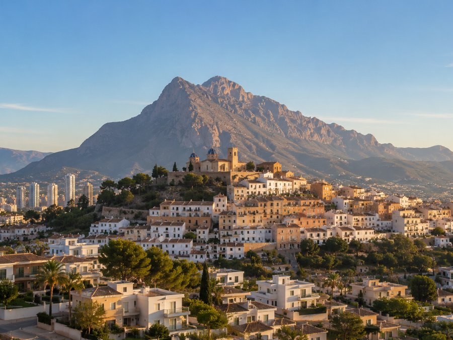 The hillside village of Finestrat, its blue-domed church and white houses gathered beneath the peak of Puig Campana.