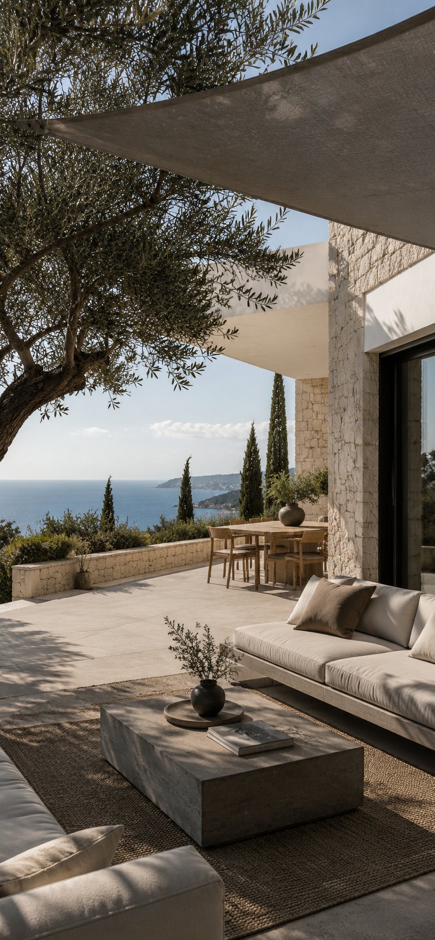 Shaded Mediterranean terrace beneath an olive tree, looking out across the Costa Blanca coastline.