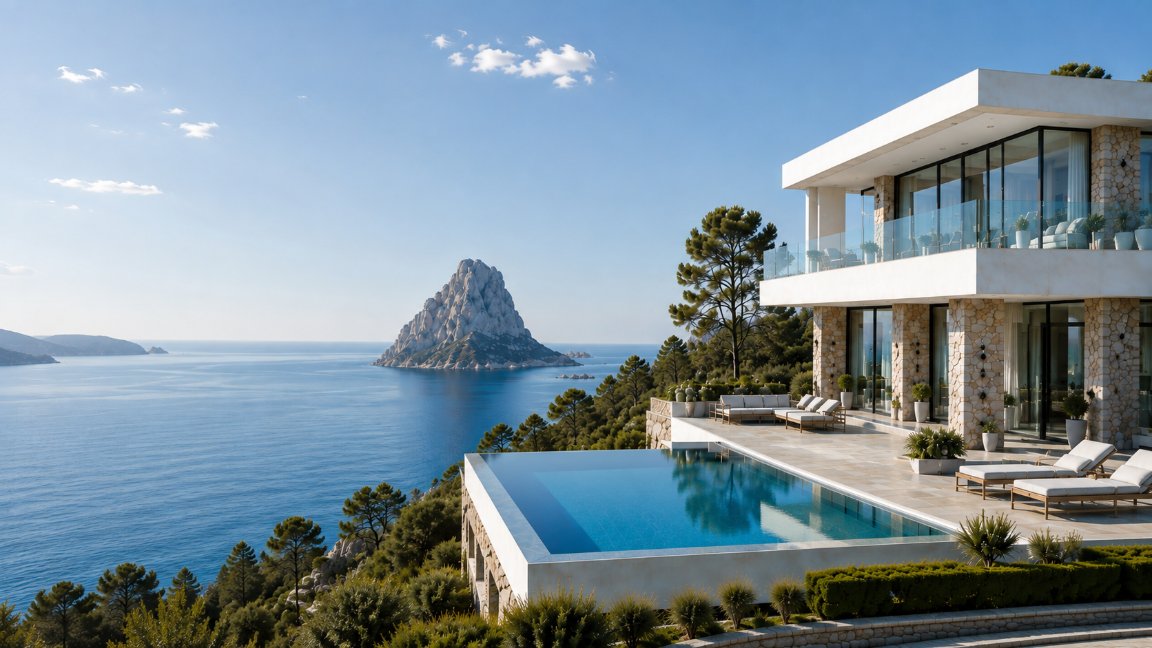 Modern luxury villa overlooking the Costa Blanca coastline under a clear blue sky, with the Peñón de Ifach in the background.