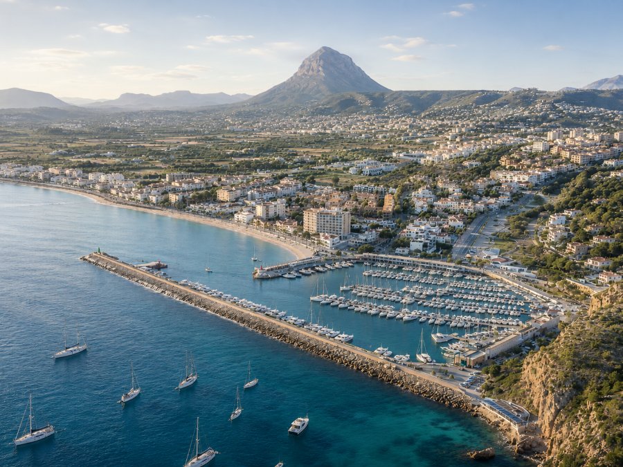 Jávea’s marina and Arenal bay spread beneath the distinctive cone of the Montgó, boats moored in clear water at golden hour.