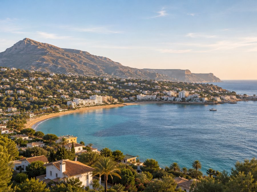 Moraira’s sheltered bay and sandy cove ringed by low-rise villas and pine-covered hills, a sailboat anchored offshore at golden hour.